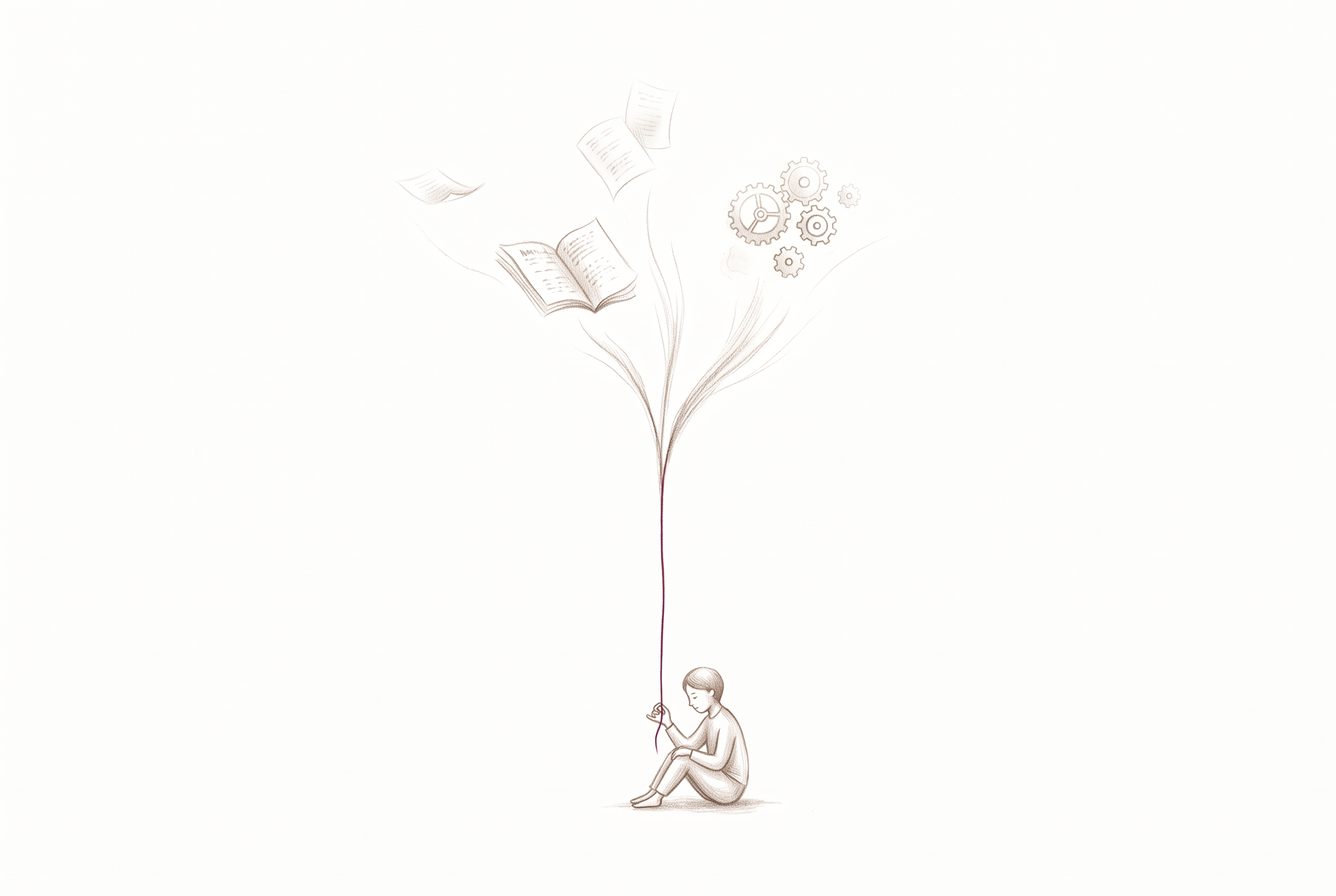 Pencil sketch on warm paper: a small figure holds a plum thread that rises and divides into soft streams dissolving into pages and small gears in vast empty space