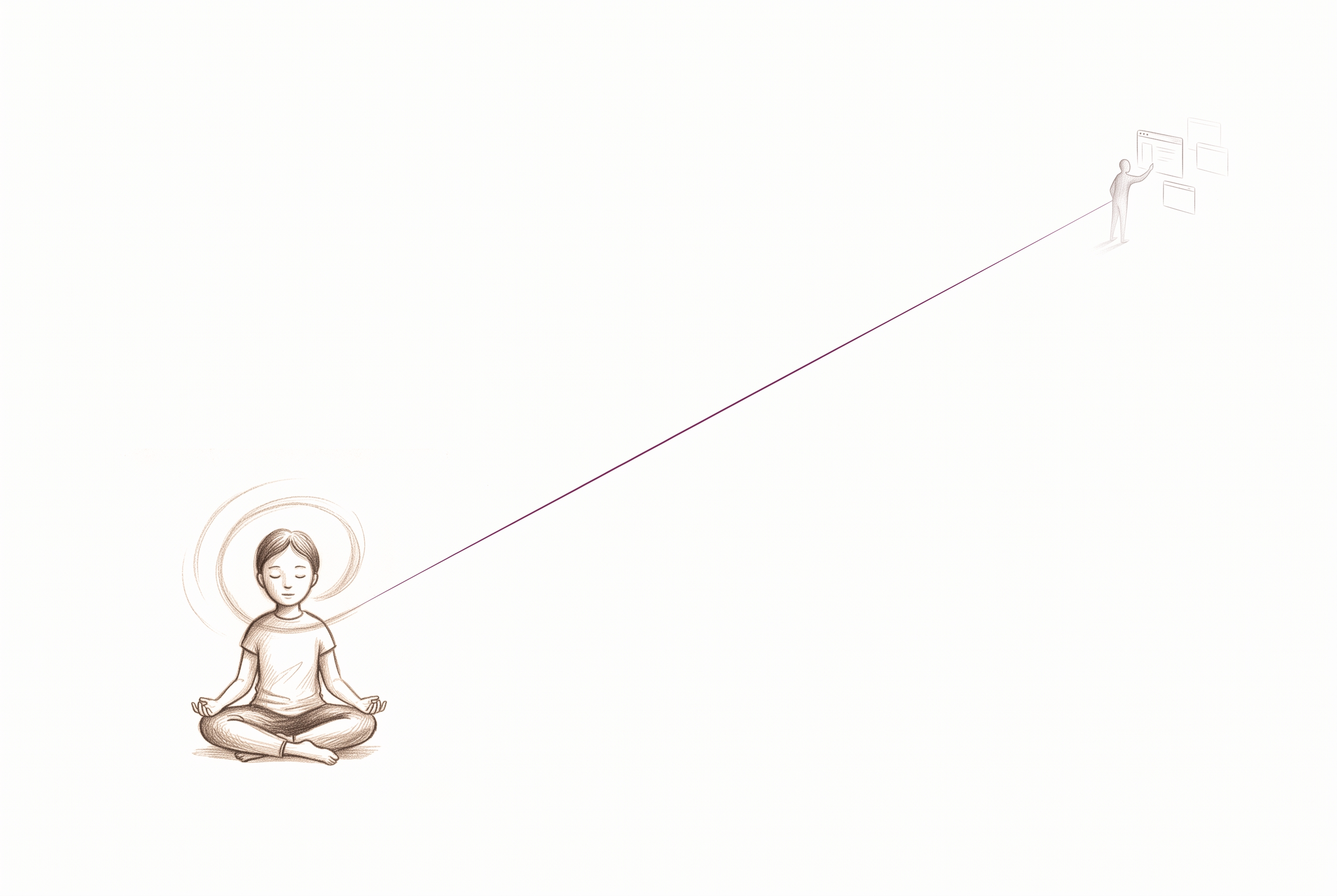 Pencil sketch: a person meditates in the lower left corner while a faint translucent agent figure tends floating windows in the far upper right, a single thin plum thread crossing the emptiness between them