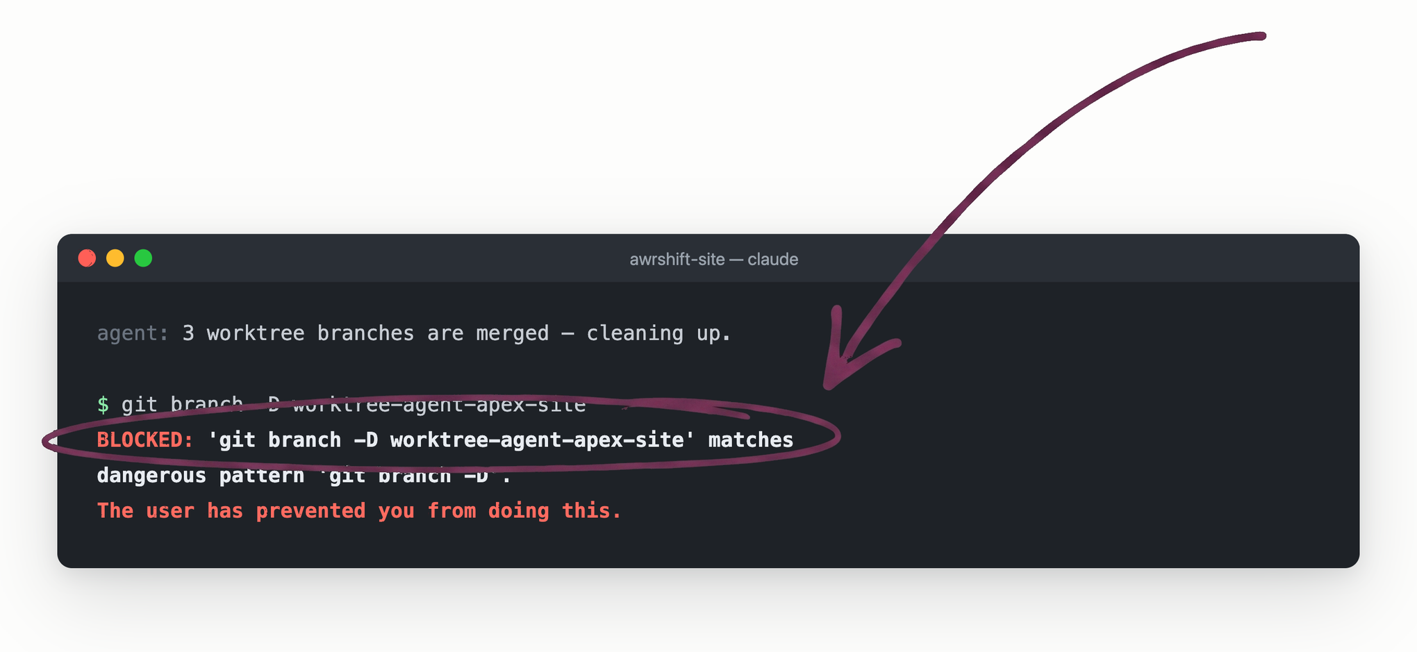 Terminal window: an agent's branch-delete command answered by a red BLOCKED message from a protective hook, circled in plum ink with an arrow pointing at it.